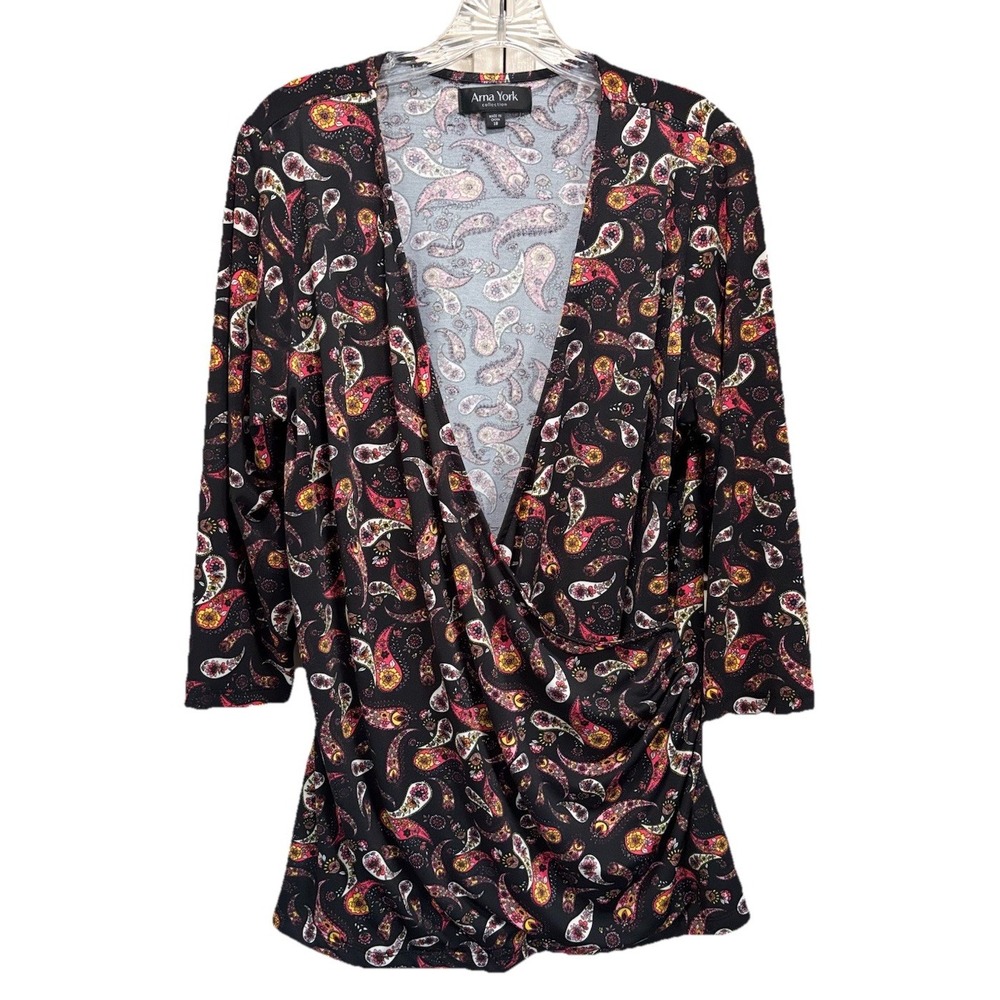 Arna York Collection Black/Orange Paisley Wrap Front 3/4‎ Sleeve Size 18 V Neck